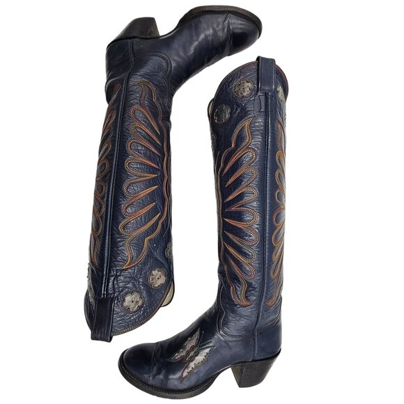 Vintage 1970s CUTTER BILL Cowgirl Boots 6B Navy Rainbow Leather Butterfly Cowboy - Picture 13 of 16